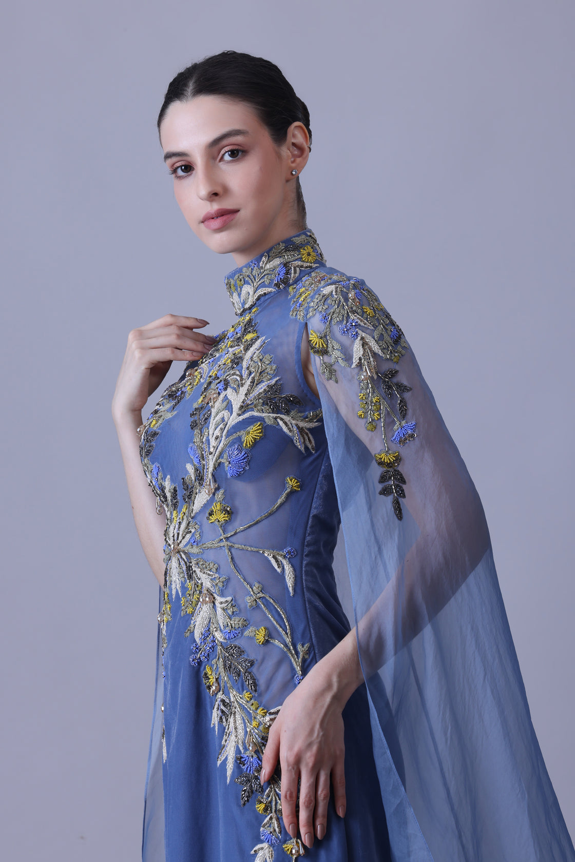 Blue Gown with Artisanal Embroidery and Ethereal Cape Sleeves