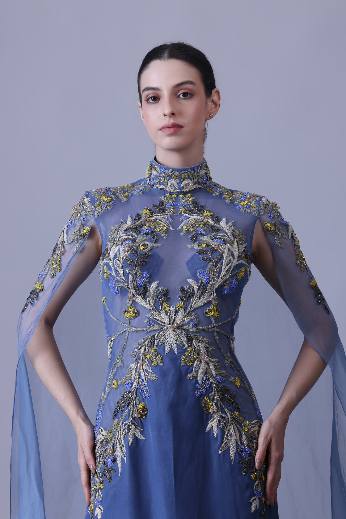 Blue Gown with Artisanal Embroidery and Ethereal Cape Sleeves