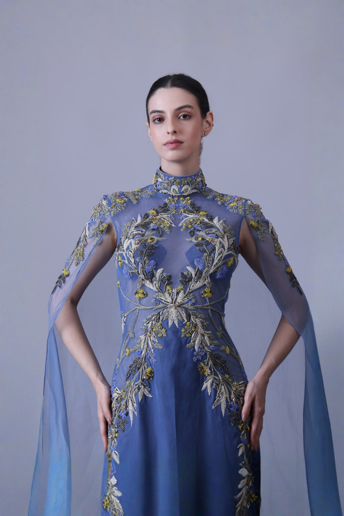 Blue Gown With Artisanal Embroidery And Ethereal Cape Sleeves