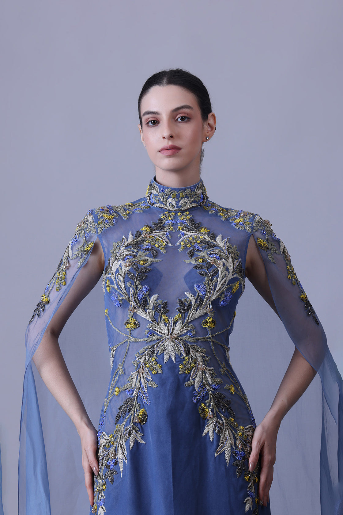 Blue Gown With Artisanal Embroidery And Ethereal Cape Sleeves