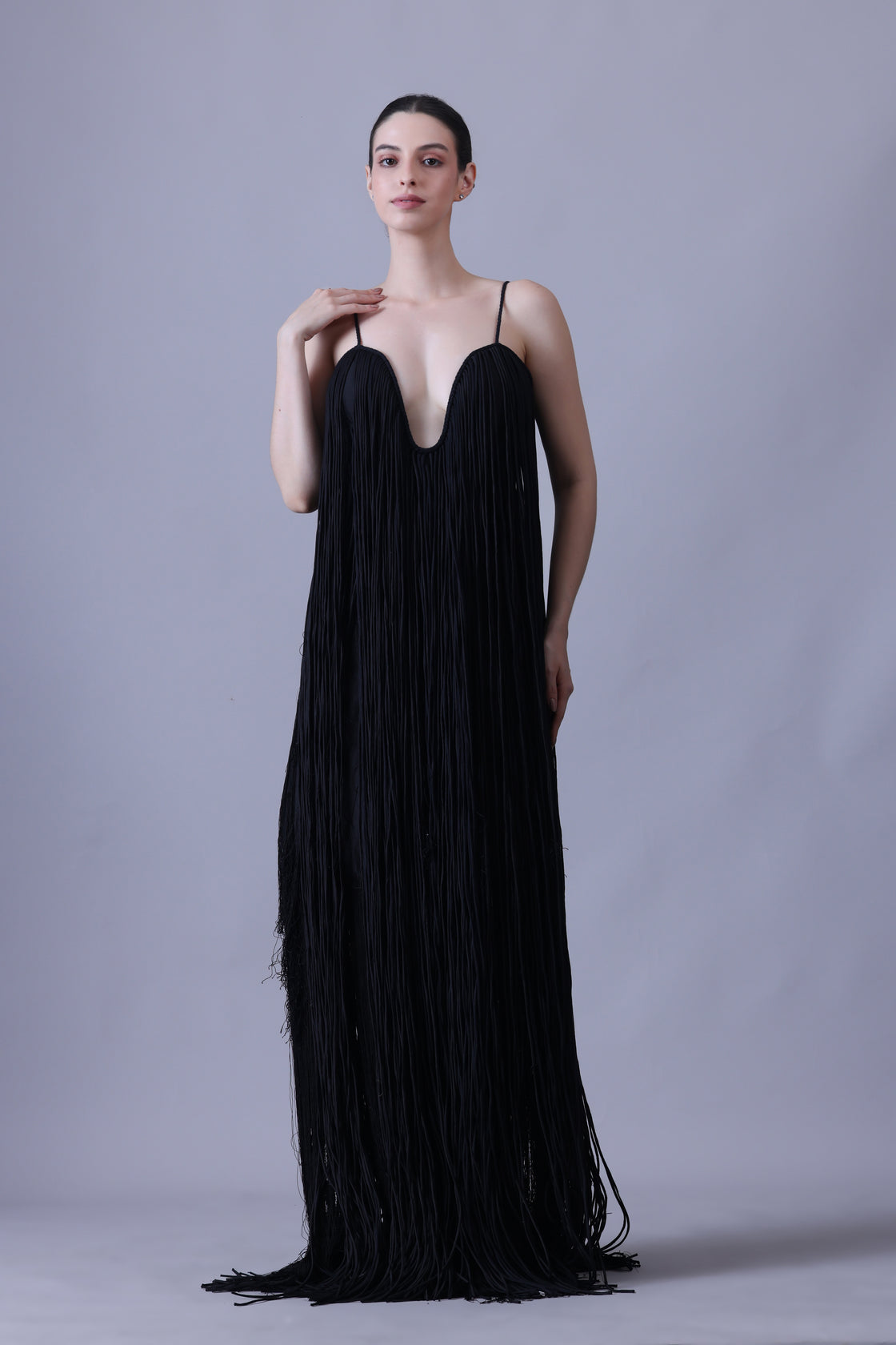 Elegant Black Strappy Gown Featuring Layered Fringe