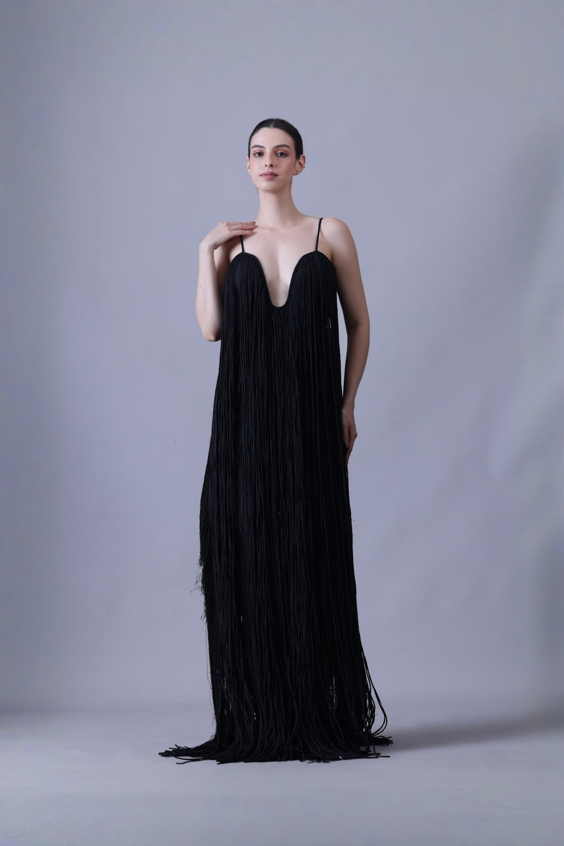 Elegant Black Strappy Gown Featuring Layered Fringe