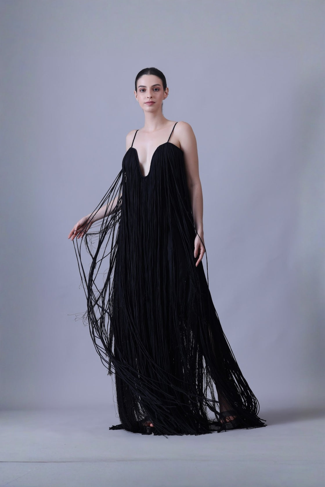Elegant Black Strappy Gown Featuring Layered Fringe