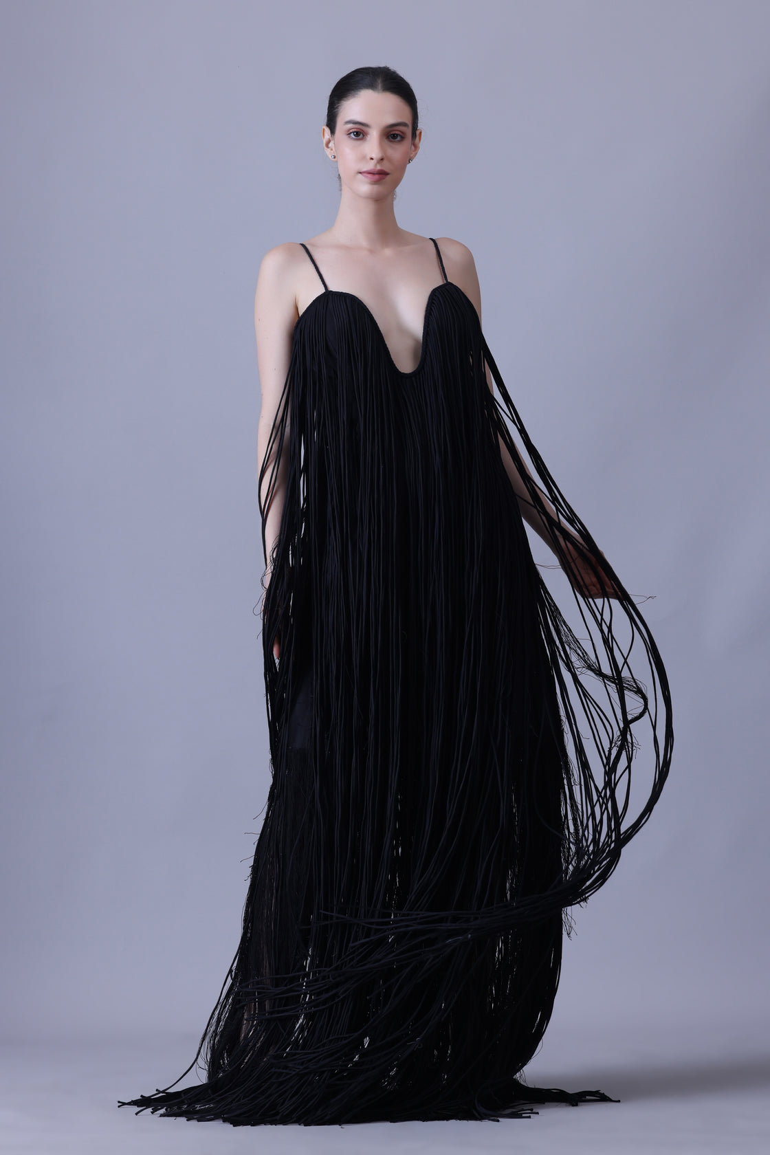 Elegant Black Strappy Gown Featuring Layered Fringe