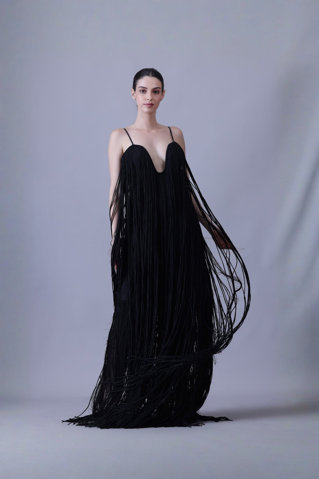 Elegant Black Strappy Gown Featuring Layered Fringe