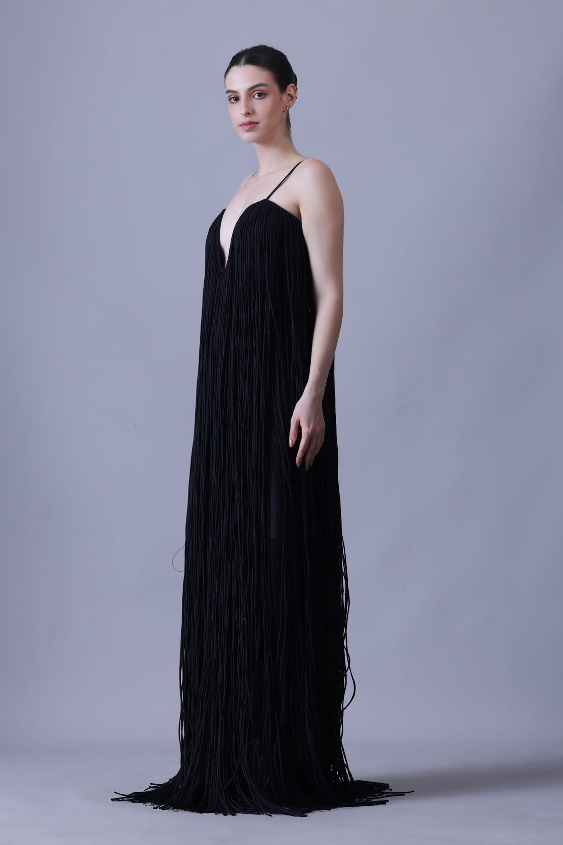 Elegant Black Strappy Gown Featuring Layered Fringe