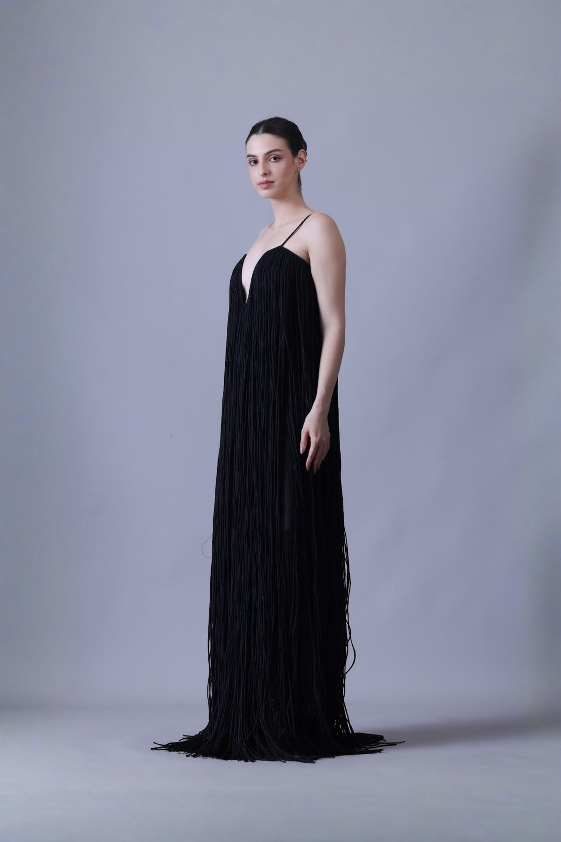 Elegant Black Strappy Gown Featuring Layered Fringe