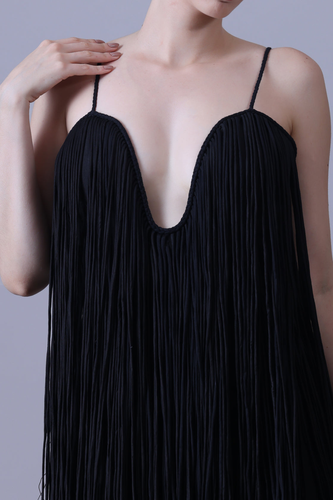 Elegant Black Strappy Gown Featuring Layered Fringe