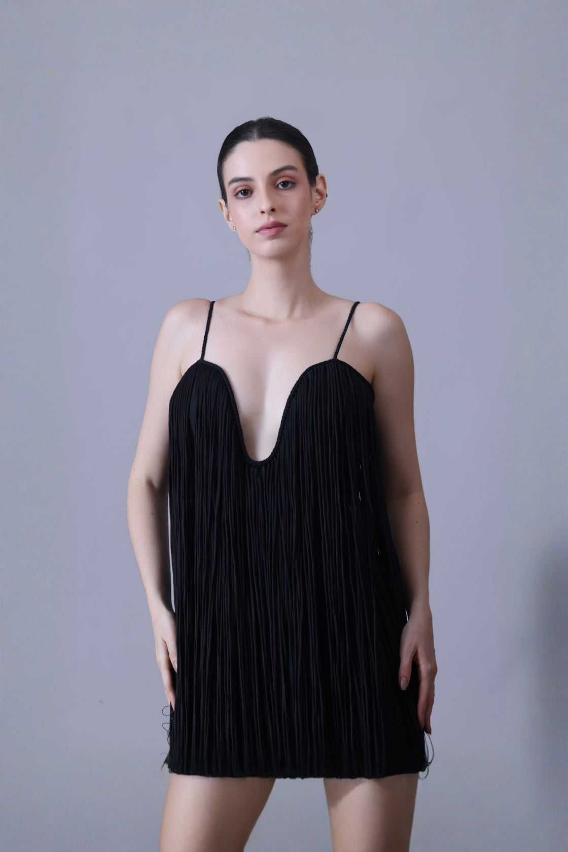 Elegant Black Strappy Gown Featuring Layered Fringe