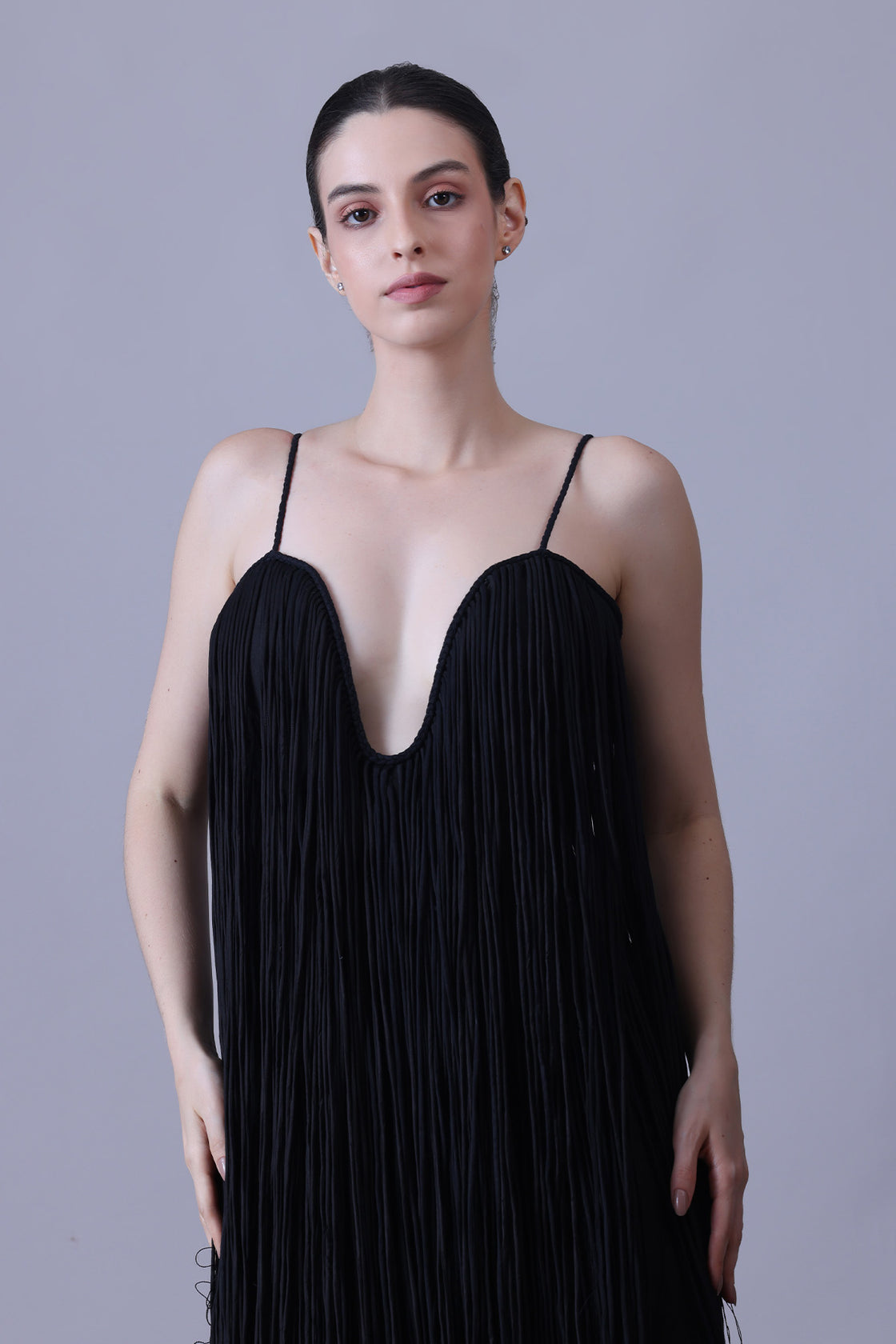Elegant Black Strappy Gown Featuring Layered Fringe