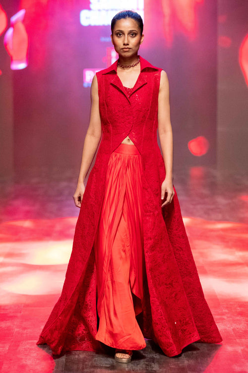 A Red net Texture embroidery jacket and inside tube top with dhoti