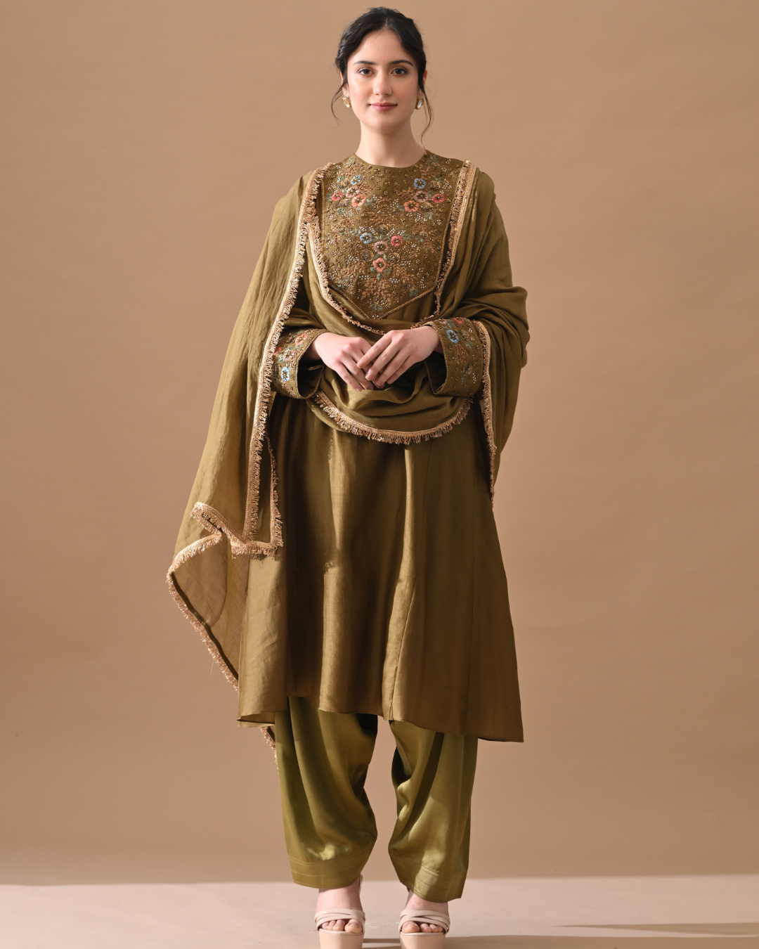 Olive Green Fine Floral Embroidered Suit Set