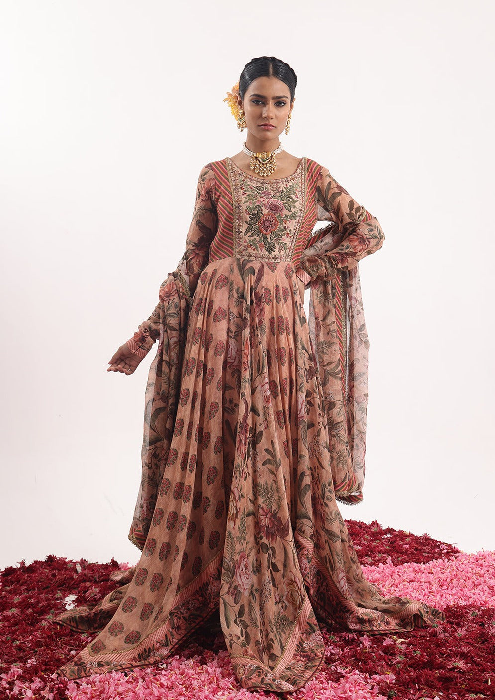 Anarkali with delightful blend of printed and embroidered details.