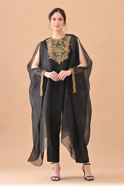 Midnight Black Gold Embroidered Kaftaan Set