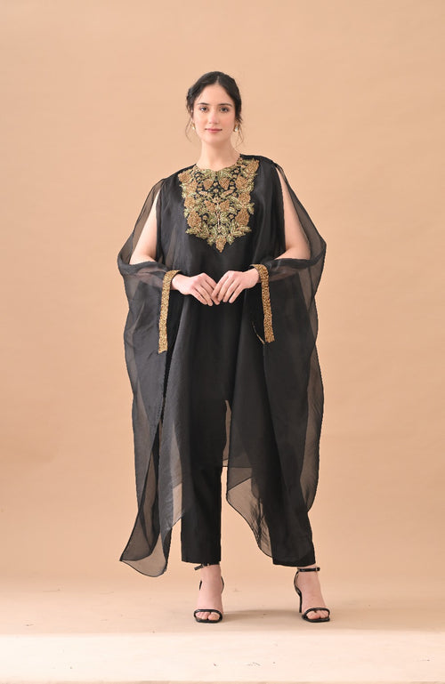 Midnight Black Gold Embroidered Kaftan Set