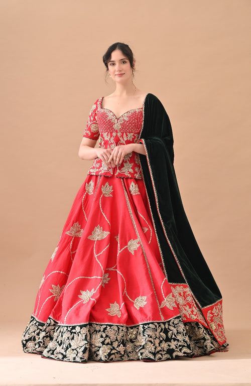 Red Classic Gold Embroidery Lehenga with Deep Green Dupatta