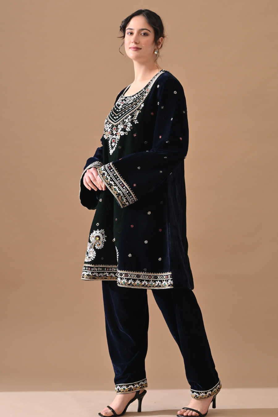Midnight Navy Embroidered Velvet Kurta Set