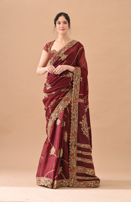 Maroon Elegant Zari Work Saree Set