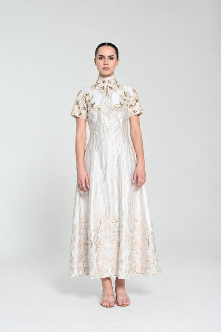 Ivory High Neck  Contrasting Silver Embroidered Dress