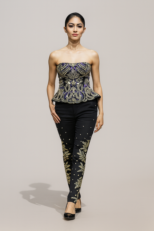 Elegant Black Co-Ord Set with an Embroidered Strapless Top and Embellished Trousers