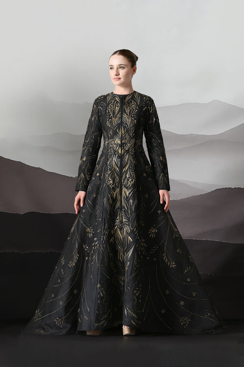 Elegant Black Full-Length Gown With Intricate Gold Embroidery