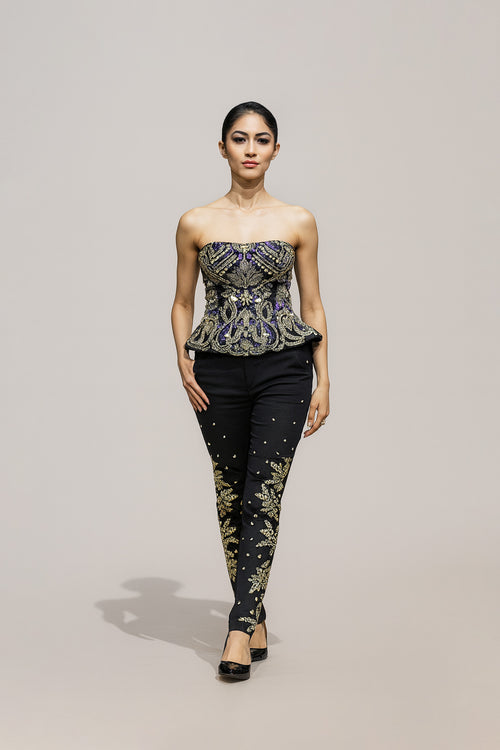 Elegant Black Co-Ord Set With An Embroidered Strapless Top And Embellished Trousers
