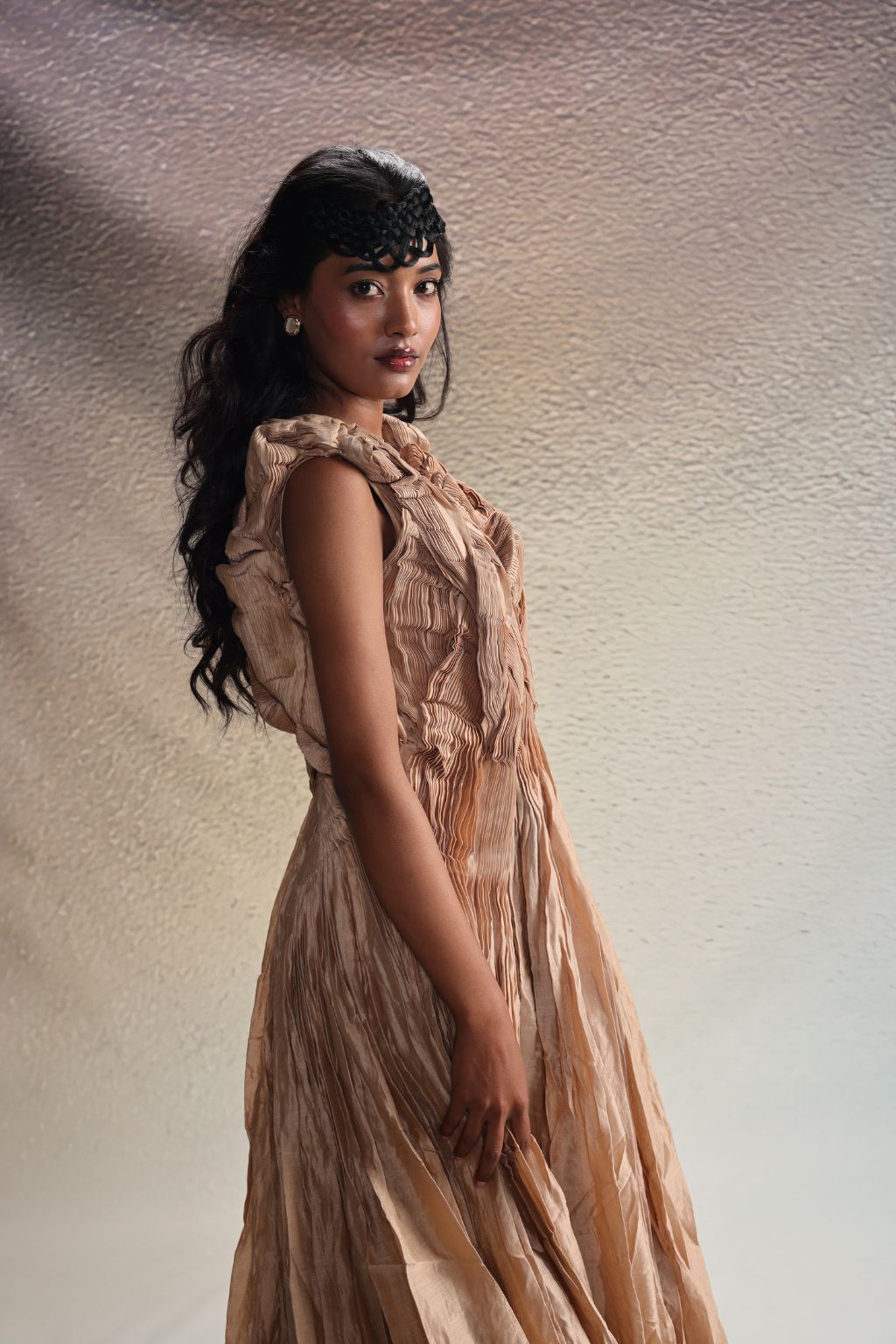 Beige Sculpted Draped Dress