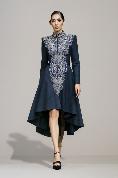 Navy Blue High-Low Silhouette Defined by Artisanal Embroidery