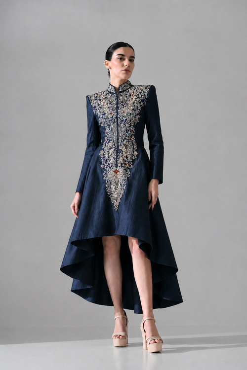 Navy Blue High-Low dress Defined by Artisanal Embroidery