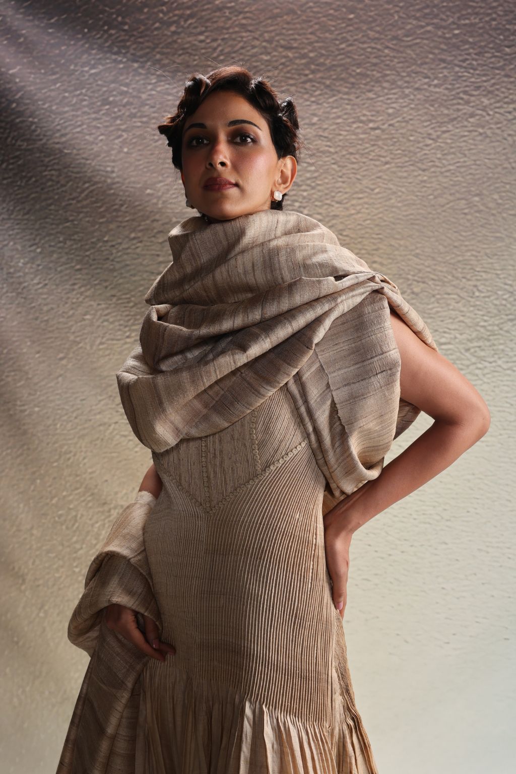 Beige Panelled Drape Dress
