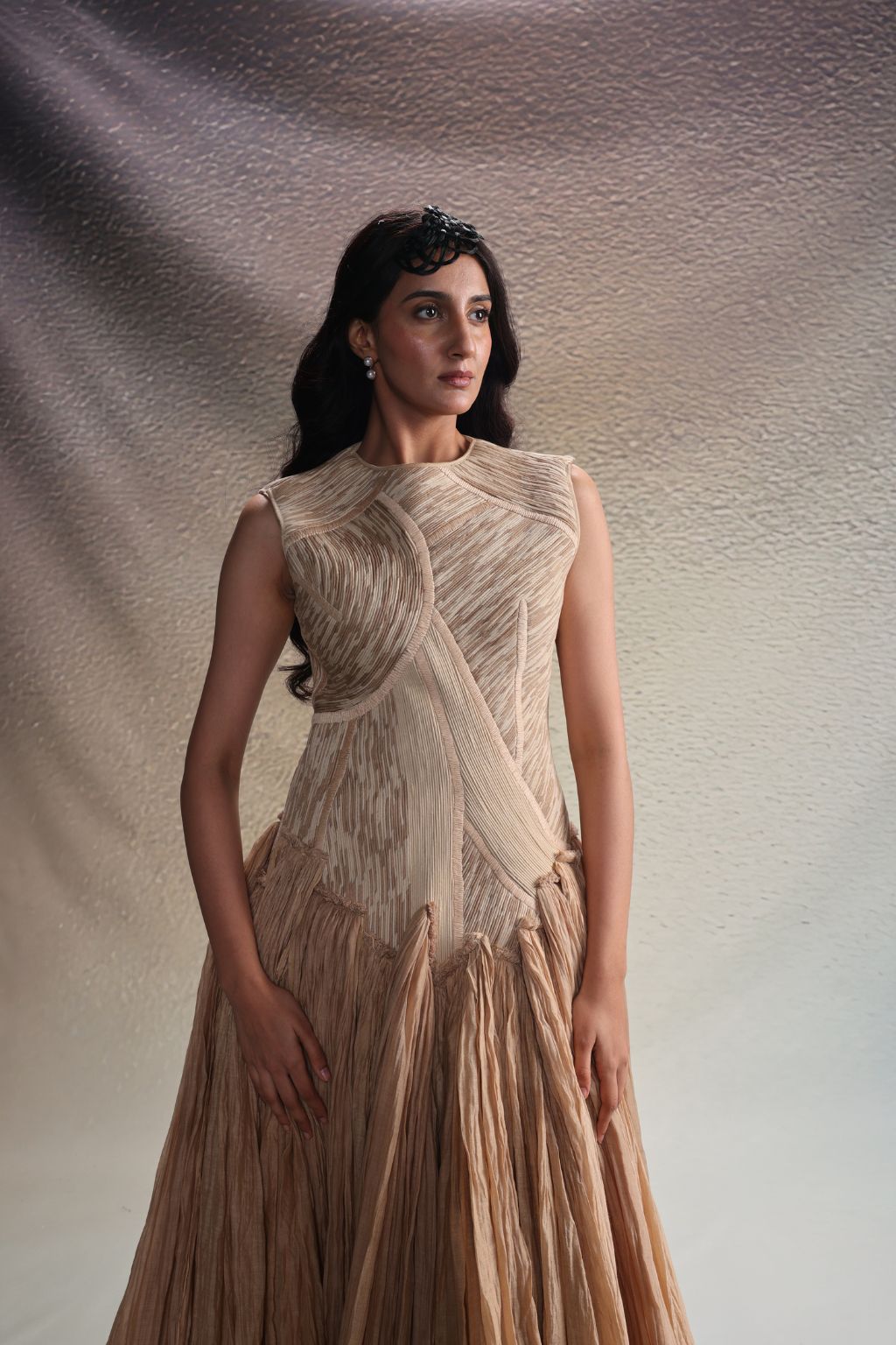 Beige Textured Panels Gown