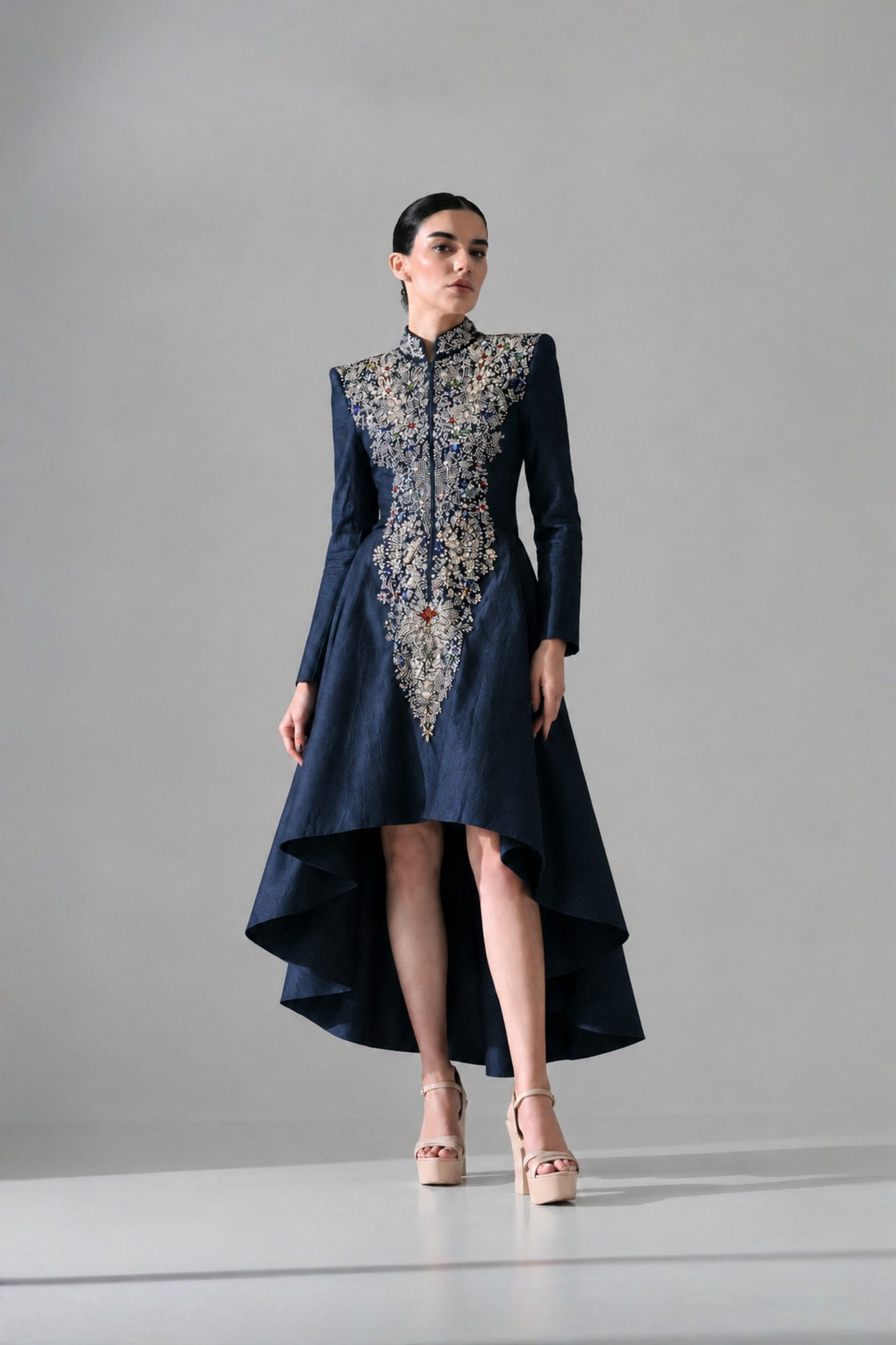Navy Blue High-Low Dress Defined By Artisanal Embroidery