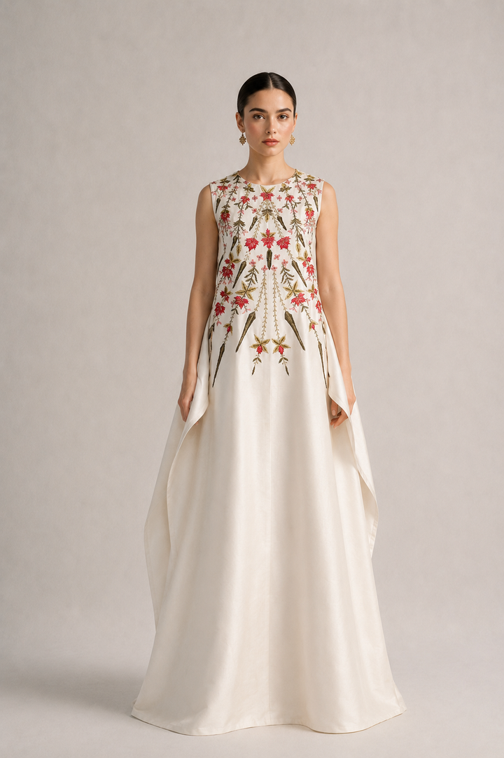 Embroidered Curved Hemline Dress