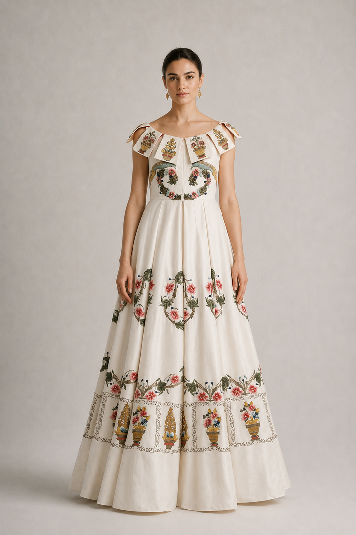 Embroidered Boat-Neck Gown