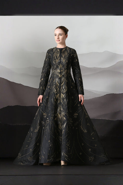 Elegant Black Full-Length Gown With Intricate Gold Embroidery