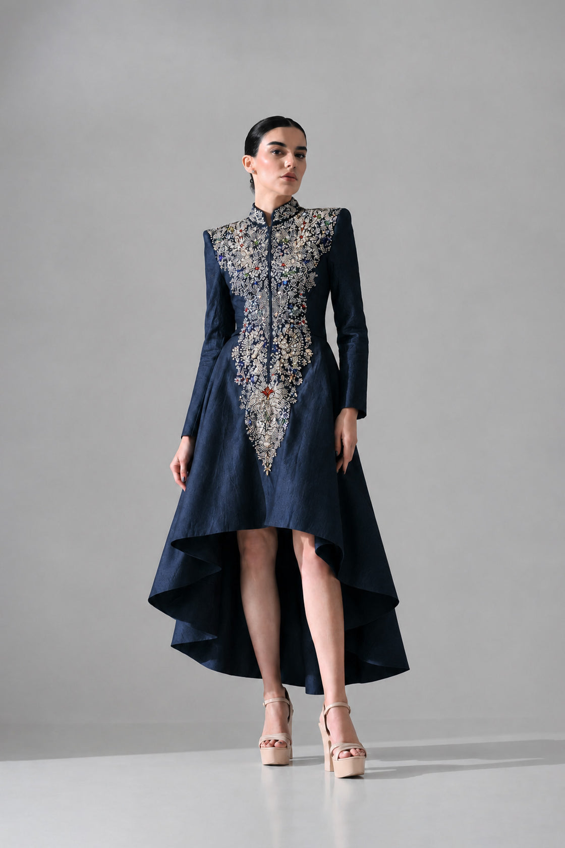 Navy Blue High-Low Dress Defined By Artisanal Embroidery
