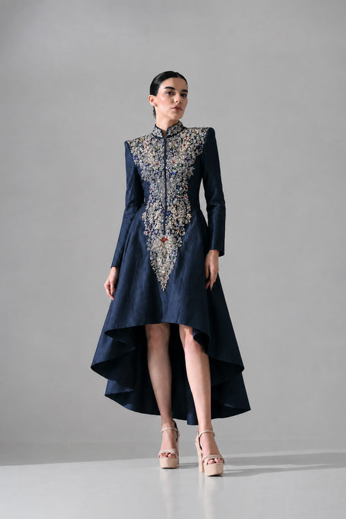 Navy Blue High-Low Dress Defined By Artisanal Embroidery