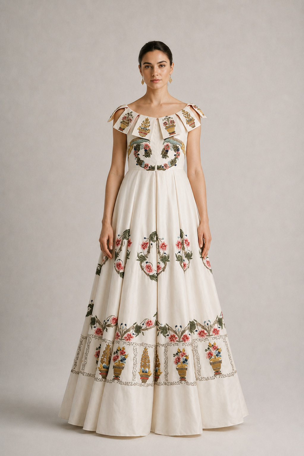 Embroidered Boat-Neck Gown