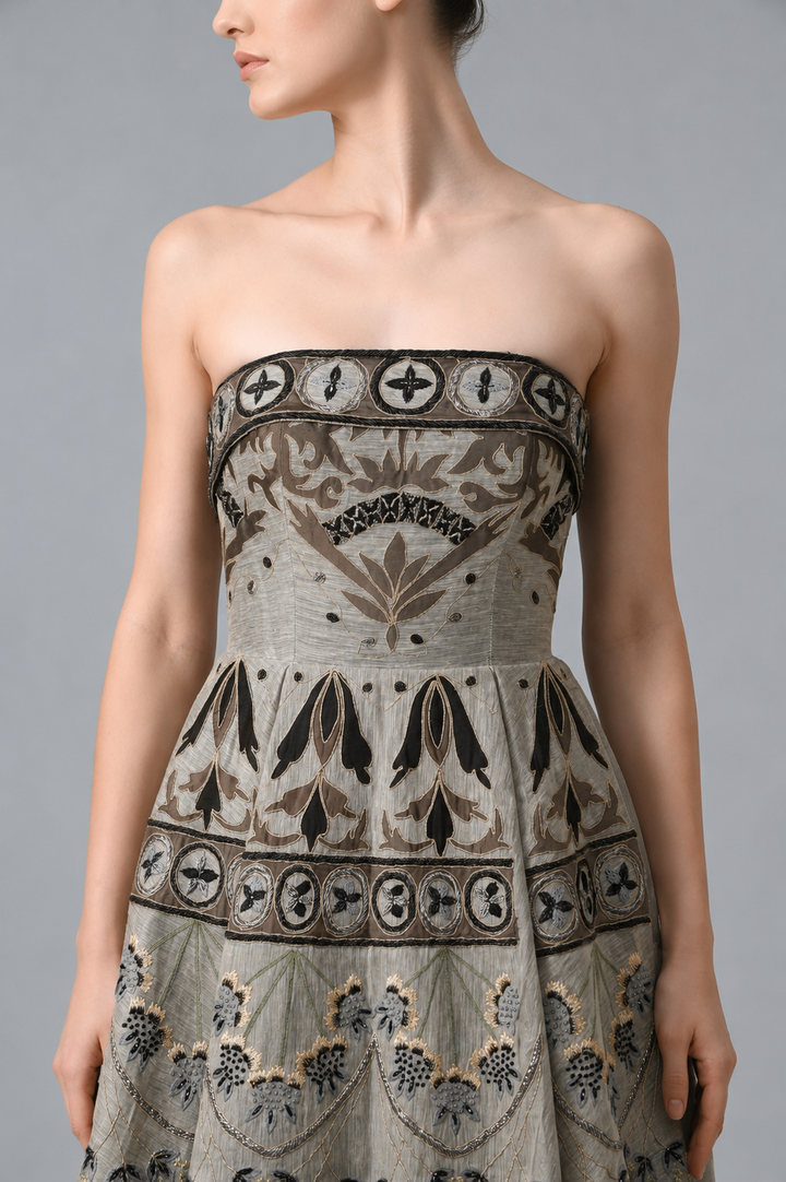 Fit &amp; Flare Bustier Embroidered Gown
