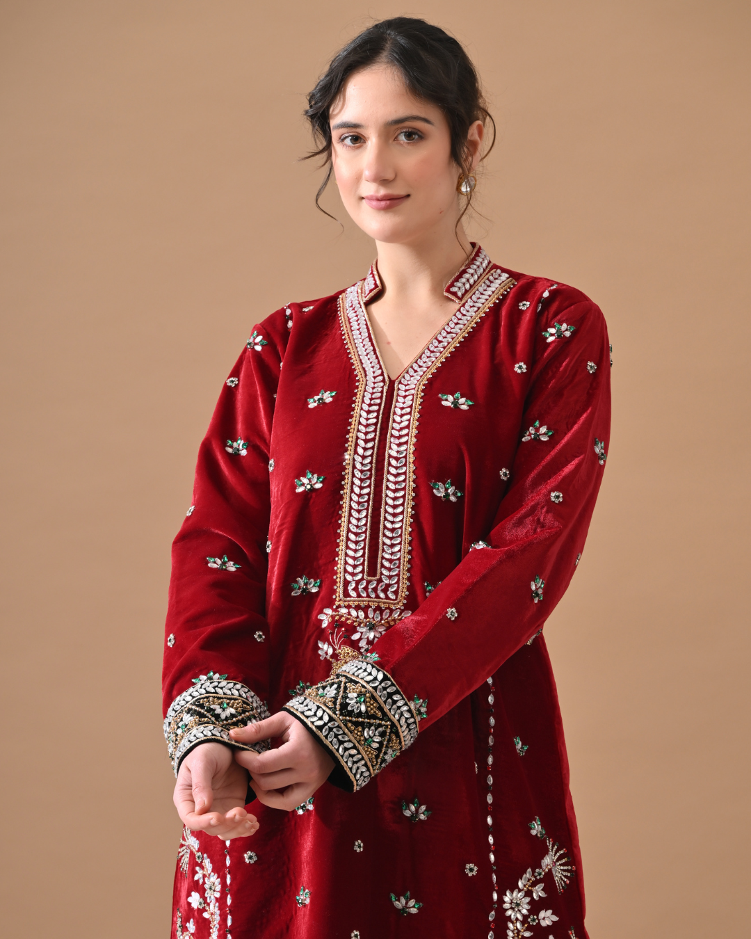 Deep Maroon Embroidered Velvet Kurta Set