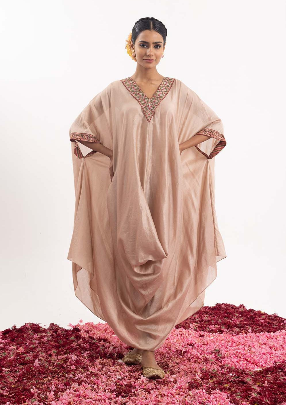 Kaftan in peach cotton silk, adorned with intricately embroidered neckline.