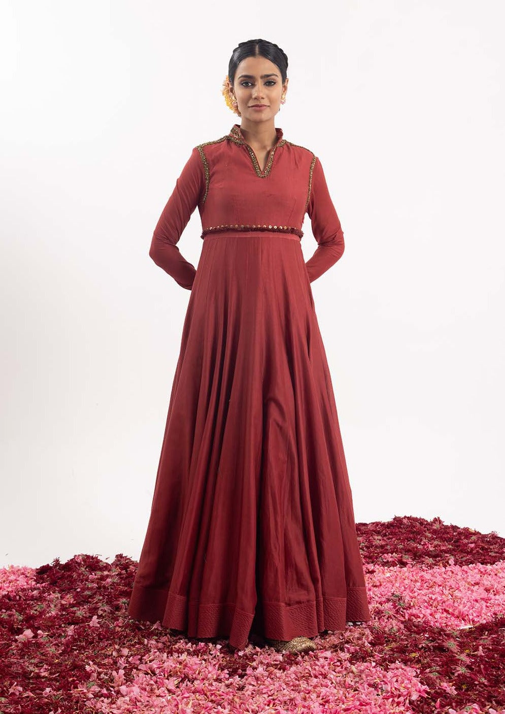 Exquisite one-piece anarkali dress in wine-colored cotton silk fabric.