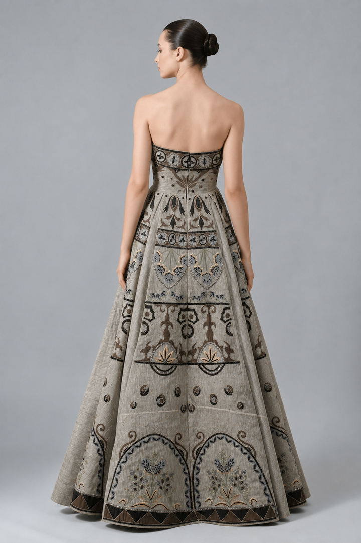 Fit &amp; Flare Bustier Embroidered Gown