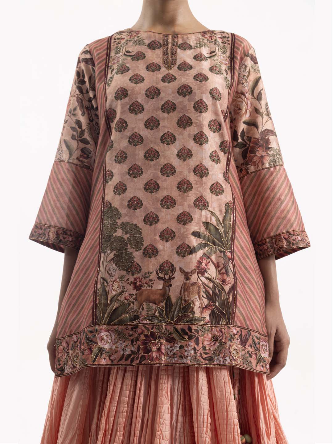 Long skirt paired with a digitally printed short kurta.