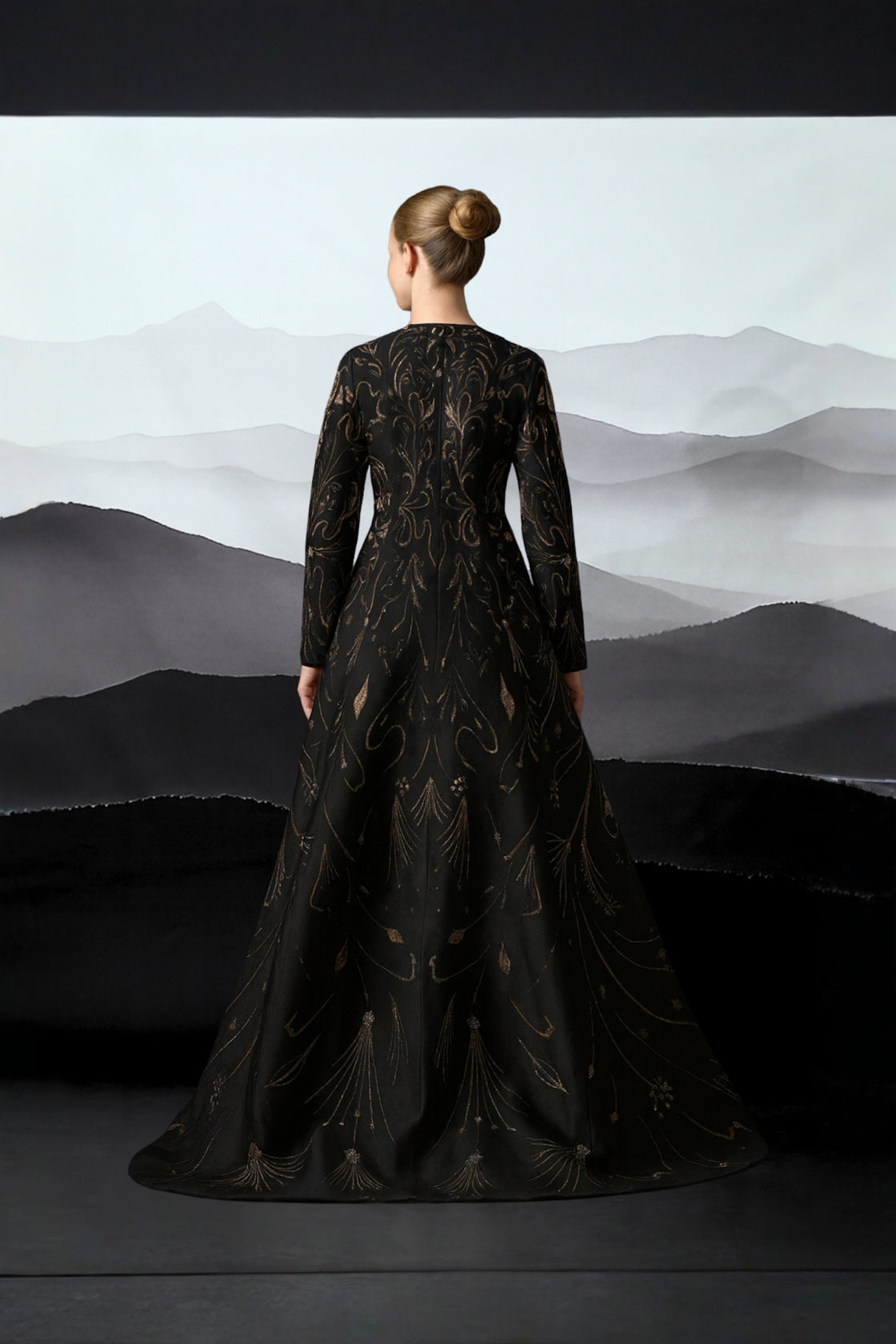 Elegant Black Full-Length Gown With Intricate Gold Embroidery