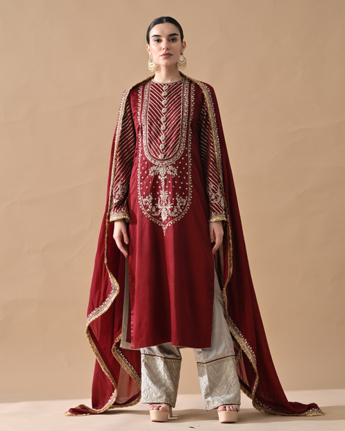 Maroon Embroidered Kurta Set