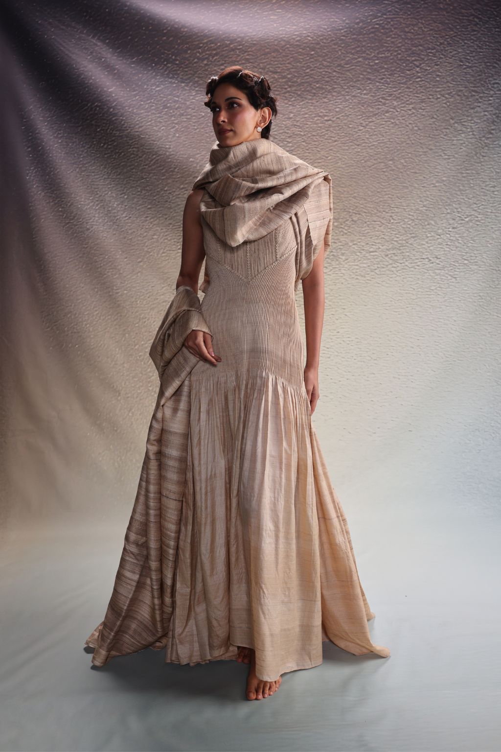 Beige Panelled Drape Dress
