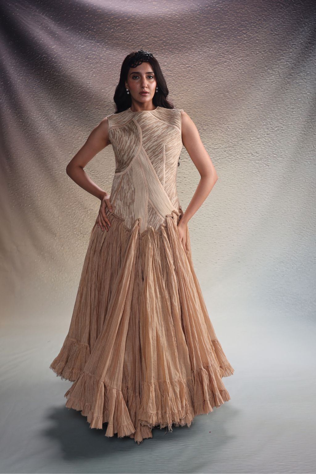 Beige Textured Panels Gown