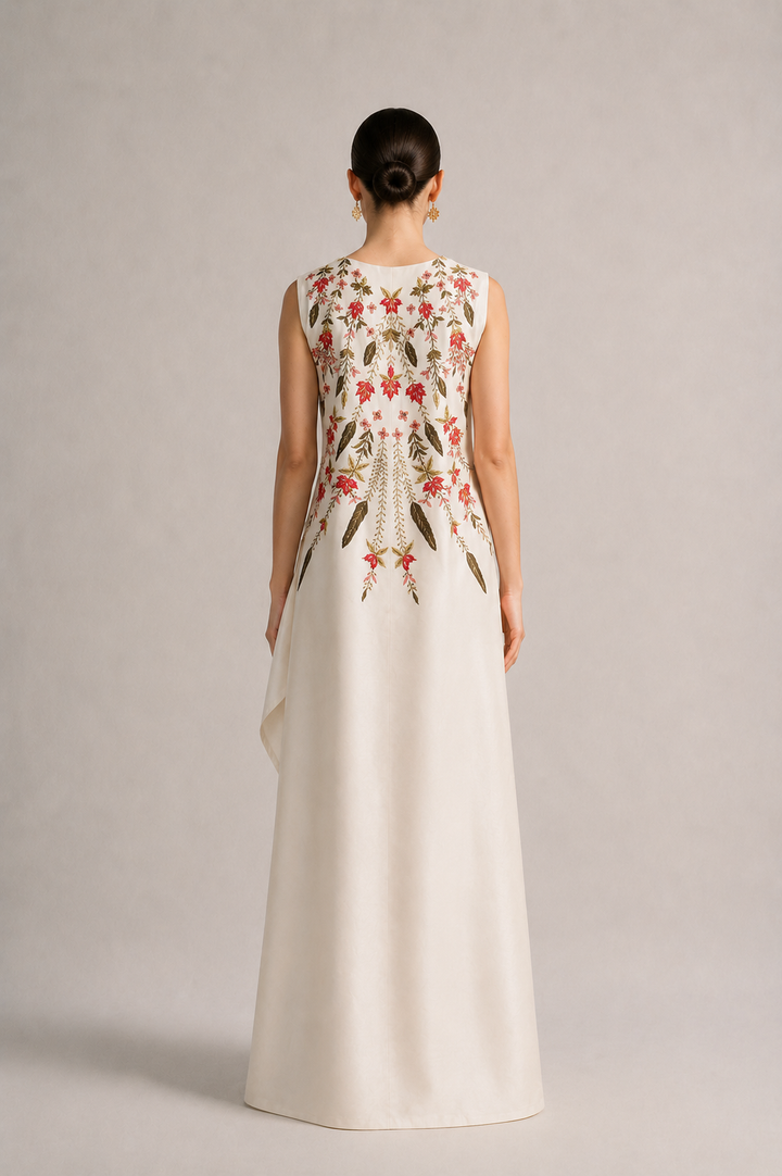 Embroidered Curved Hemline Dress