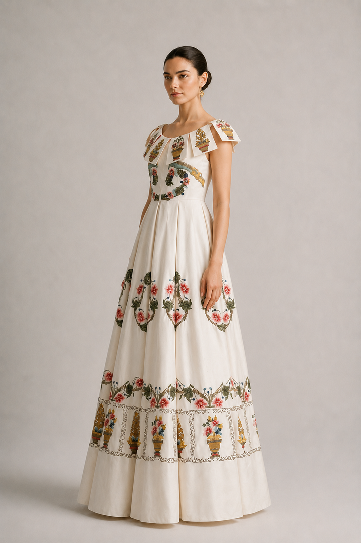 Embroidered Boat-Neck Gown